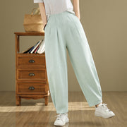 Buddha Stones Casual Solid Color Tapered Elastic Waistband Cotton Linen Women's Pants With Pockets