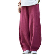 Buddha Stones Casual Plain Color Elastic Waistband Fleece Lined Cotton Ramie Women's Pants With Pockets