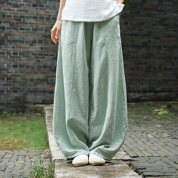 Buddha Stones Casual Plain Color Elastic Waistband Fleece Lined Cotton Ramie Women's Pants With Pockets