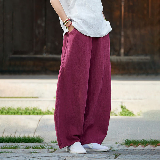 Buddha Stones Casual Plain Color Elastic Waistband Fleece Lined Cotton Ramie Women's Pants With Pockets