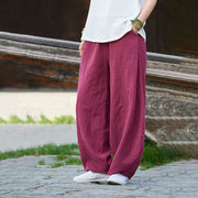 Buddha Stones Casual Plain Color Elastic Waistband Fleece Lined Cotton Ramie Women's Pants With Pockets