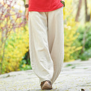 Buddha Stones Casual Plain Color Elastic Waistband Fleece Lined Cotton Ramie Women's Pants With Pockets