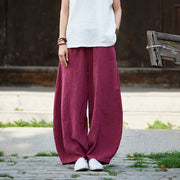 Buddha Stones Casual Plain Color Elastic Waistband Fleece Lined Cotton Ramie Women's Pants With Pockets