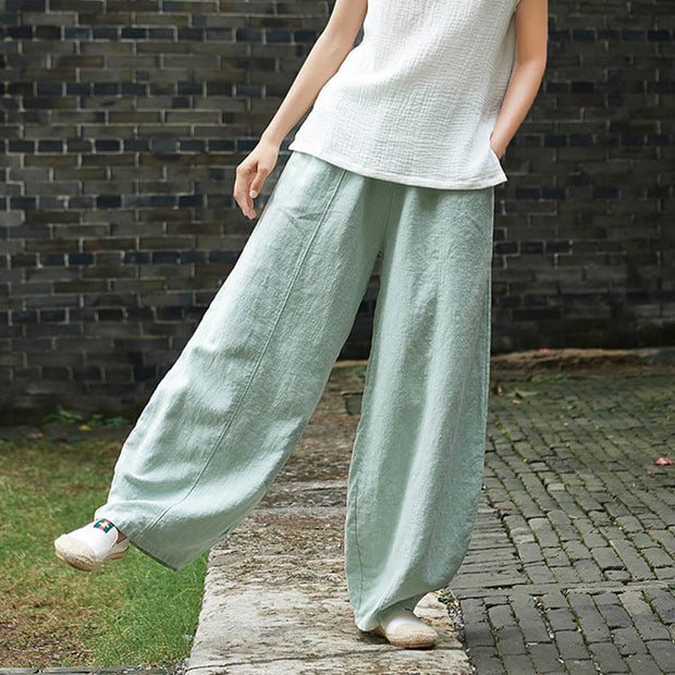 Buddha Stones Casual Plain Color Elastic Waistband Fleece Lined Cotton Ramie Women's Pants With Pockets