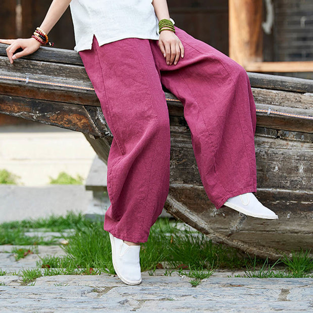 Buddha Stones Casual Plain Color Elastic Waistband Fleece Lined Cotton Ramie Women's Pants With Pockets