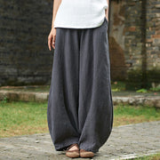 Buddha Stones Casual Plain Color Elastic Waistband Fleece Lined Cotton Ramie Women's Pants With Pockets