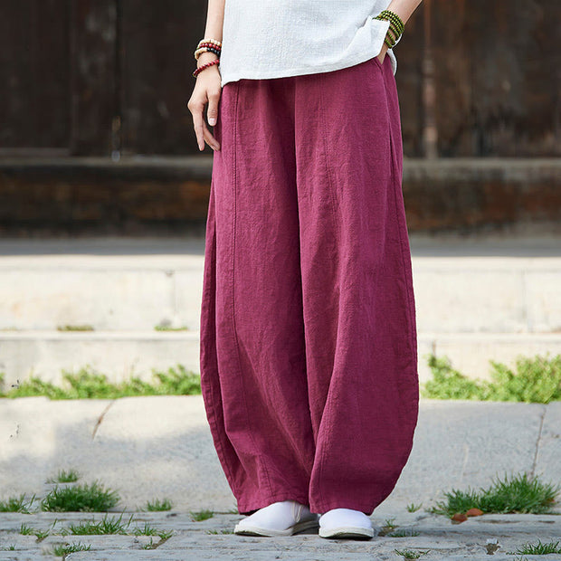 Buddha Stones Casual Plain Color Elastic Waistband Fleece Lined Cotton Ramie Women's Pants With Pockets