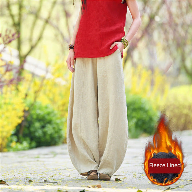 Buddha Stones Casual Plain Color Elastic Waistband Fleece Lined Cotton Ramie Women's Pants With Pockets