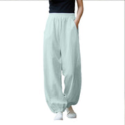 Buddha Stones Casual Solid Plain Color Carrot Elastic Waistband Cotton Ramie Women's Pants With Pockets