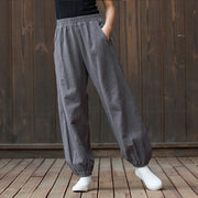 Buddha Stones Casual Solid Plain Color Carrot Elastic Waistband Cotton Ramie Women's Pants With Pockets