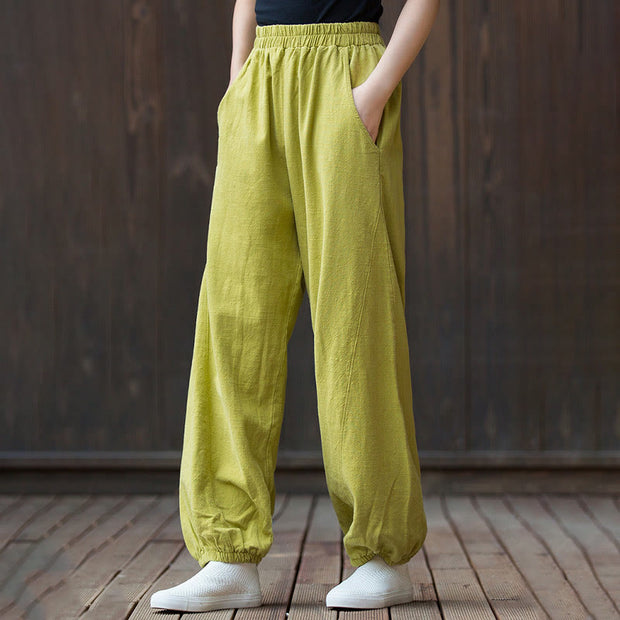 Buddha Stones Casual Solid Plain Color Carrot Elastic Waistband Cotton Ramie Women's Pants With Pockets