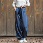 Buddha Stones Casual Solid Plain Color Carrot Elastic Waistband Cotton Ramie Women's Pants With Pockets