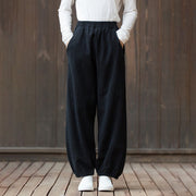 Buddha Stones Casual Solid Plain Color Carrot Elastic Waistband Cotton Ramie Women's Pants With Pockets