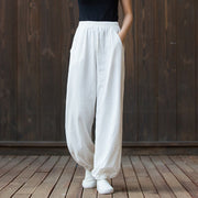 Buddha Stones Casual Solid Plain Color Carrot Elastic Waistband Cotton Ramie Women's Pants With Pockets