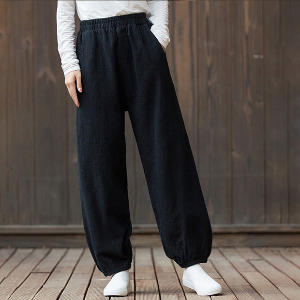 Buddha Stones Casual Solid Plain Color Carrot Elastic Waistband Cotton Ramie Women's Pants With Pockets