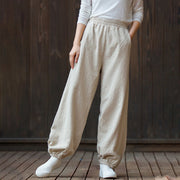 Buddha Stones Casual Solid Plain Color Carrot Elastic Waistband Cotton Ramie Women's Pants With Pockets