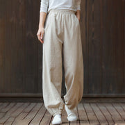 Buddha Stones Casual Solid Plain Color Carrot Elastic Waistband Cotton Ramie Women's Pants With Pockets