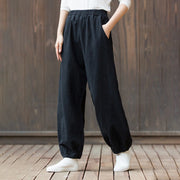 Buddha Stones Casual Solid Plain Color Carrot Elastic Waistband Cotton Ramie Women's Pants With Pockets