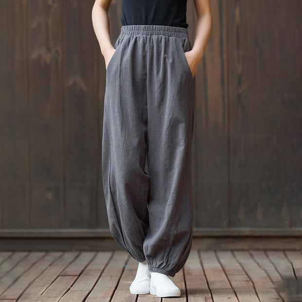 Buddha Stones Casual Solid Plain Color Carrot Elastic Waistband Cotton Ramie Women's Pants With Pockets