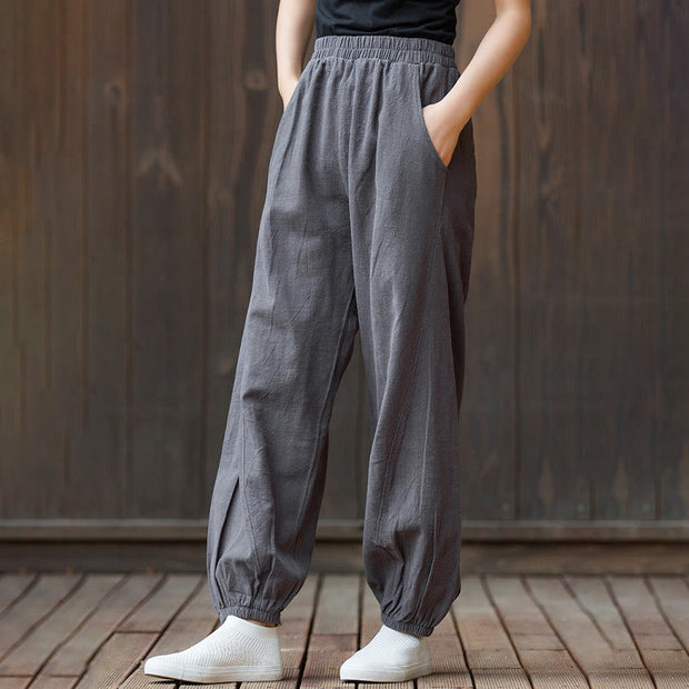 Buddha Stones Casual Solid Plain Color Carrot Elastic Waistband Cotton Ramie Women's Pants With Pockets