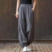 Buddha Stones Casual Solid Plain Color Carrot Elastic Waistband Cotton Ramie Women's Pants With Pockets