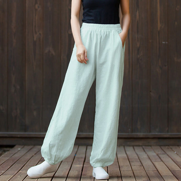 Buddha Stones Casual Solid Plain Color Carrot Elastic Waistband Cotton Ramie Women's Pants With Pockets