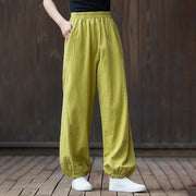 Buddha Stones Casual Solid Plain Color Carrot Elastic Waistband Cotton Ramie Women's Pants With Pockets