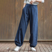 Buddha Stones Casual Solid Plain Color Carrot Elastic Waistband Cotton Ramie Women's Pants With Pockets