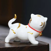 Buddha Stones Mini Cute Tiger Tea Pet Ceramic Home Desk Figurine Decoration Decorations BS White Tiger About 6.8*5.1*3cm