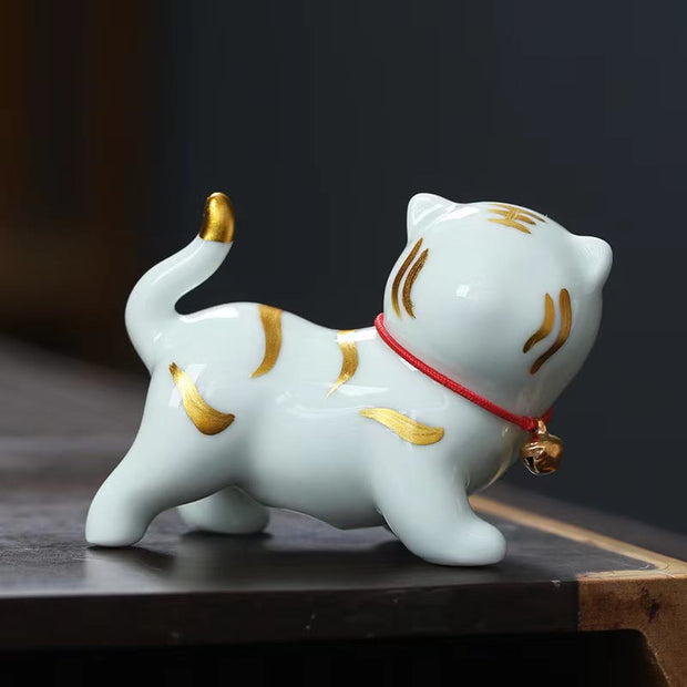 Buddha Stones Mini Cute Tiger Tea Pet Ceramic Home Desk Figurine Decoration Decorations BS Light Green Tiger About 6.8*5.1*3cm