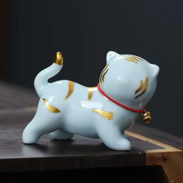 Buddha Stones Mini Cute Tiger Tea Pet Ceramic Home Desk Figurine Decoration Decorations BS Blue Tiger About 6.8*5.1*3cm