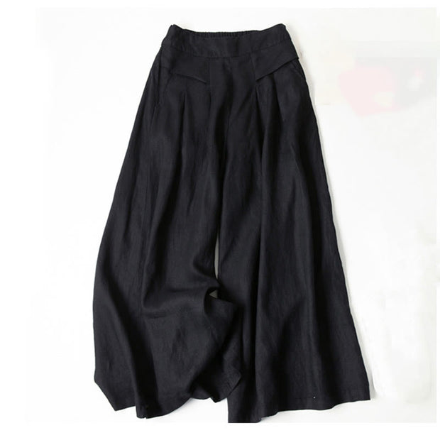 Buddha Stones Plain Color Cotton Linen High Waist Wide Leg Pants With Pockets