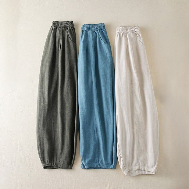 Buddha Stones Plain Color Cotton Linen Women's Pants With Pockets