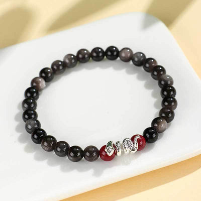 Buddha Stones Silver Sheen Obsidian Cinnabar Copper Year of the Snake Protection Bracelet Bracelet BS 6mm