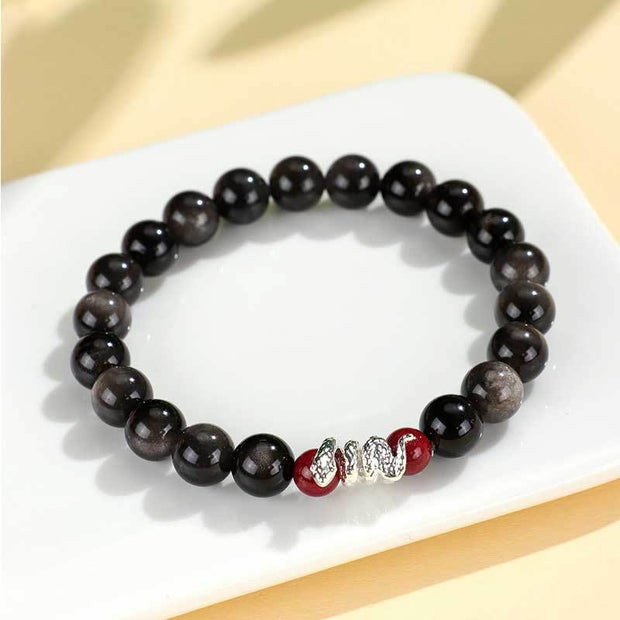 Buddha Stones Silver Sheen Obsidian Cinnabar Copper Year of the Snake Protection Bracelet Bracelet BS 8mm