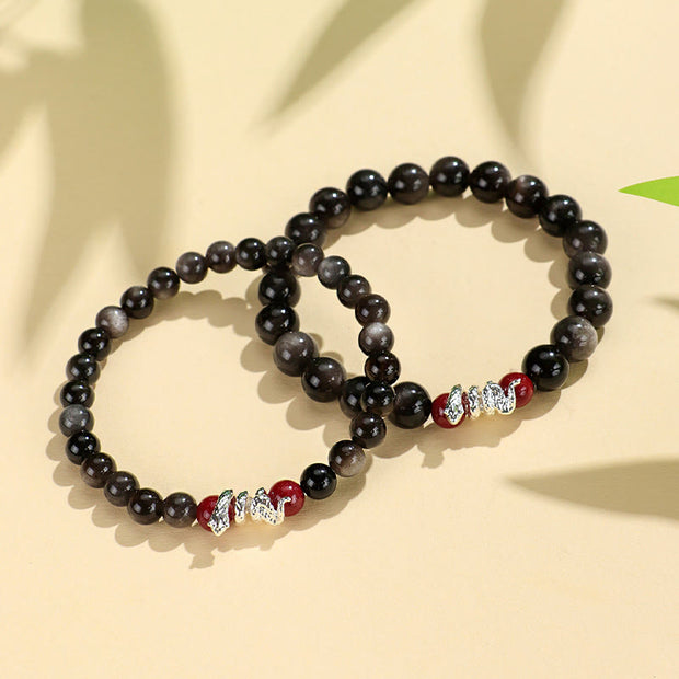 Buddha Stones Silver Sheen Obsidian Cinnabar Copper Year of the Snake Protection Bracelet Bracelet BS 3