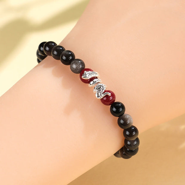 Buddha Stones Silver Sheen Obsidian Cinnabar Copper Year of the Snake Protection Bracelet Bracelet BS 1