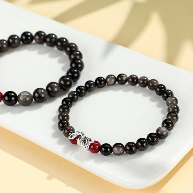 Buddha Stones Silver Sheen Obsidian Cinnabar Copper Year of the Snake Protection Bracelet Bracelet BS 2