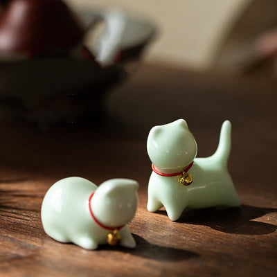 Buddha Stones Mini Cute Standing Lying Cat Tea Pet Ceramic Home Desk Figurine Decoration