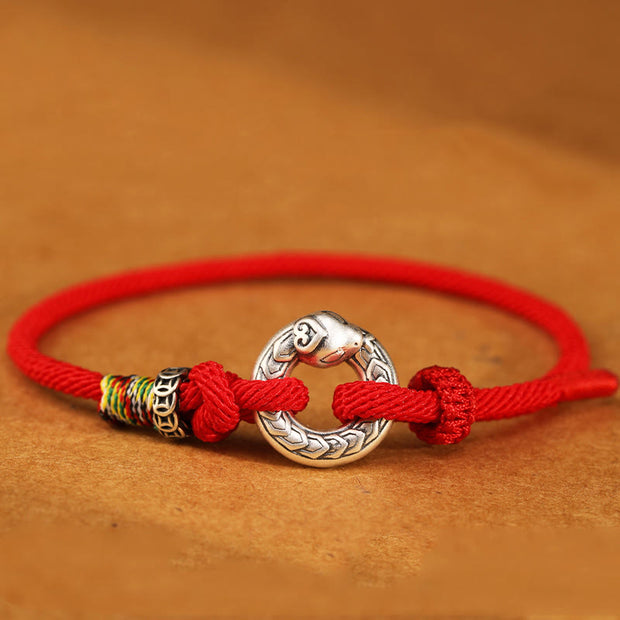 Buddha Stones Red String 999 Sterling Silver Peace Buckle Coin Year of the Snake Strength Bracelet