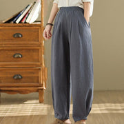 Buddha Stones Casual Solid Color Tapered Elastic Waistband Cotton Linen Women's Pants With Pockets