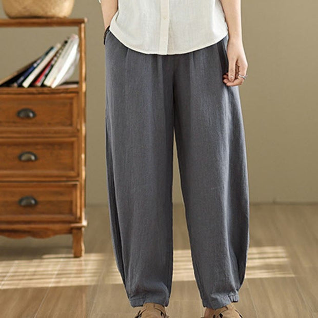 Buddha Stones Casual Solid Color Tapered Elastic Waistband Cotton Linen Women's Pants With Pockets