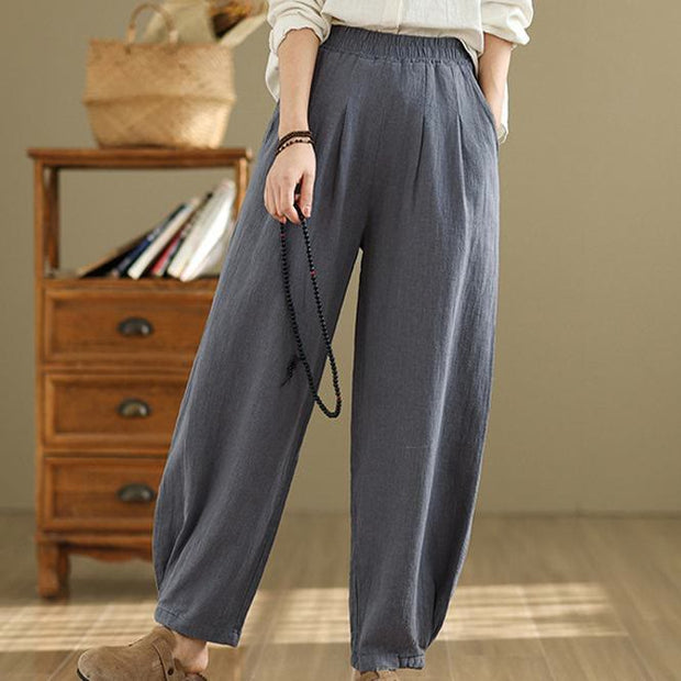 Buddha Stones Casual Solid Color Tapered Elastic Waistband Cotton Linen Women's Pants With Pockets