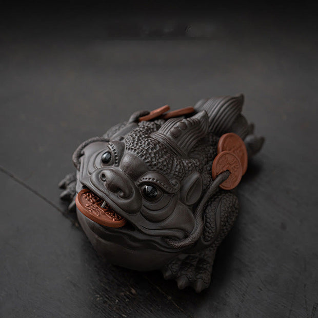 Buddha Stones Feng Shui Frog Toad Copper Coins Ceramic Purple Clay Wealth Home Tea Pet Figurine Decoration Decorations BS Brown Toad 11*8*6.3cm