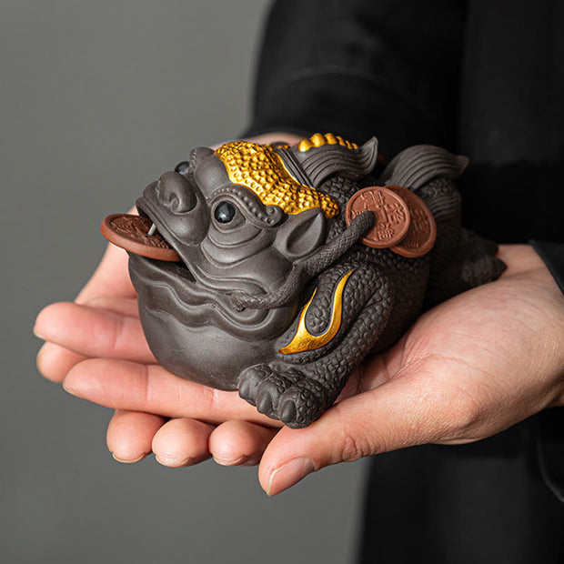 Buddha Stones Feng Shui Frog Toad Copper Coins Ceramic Purple Clay Wealth Home Tea Pet Figurine Decoration Decorations BS 3