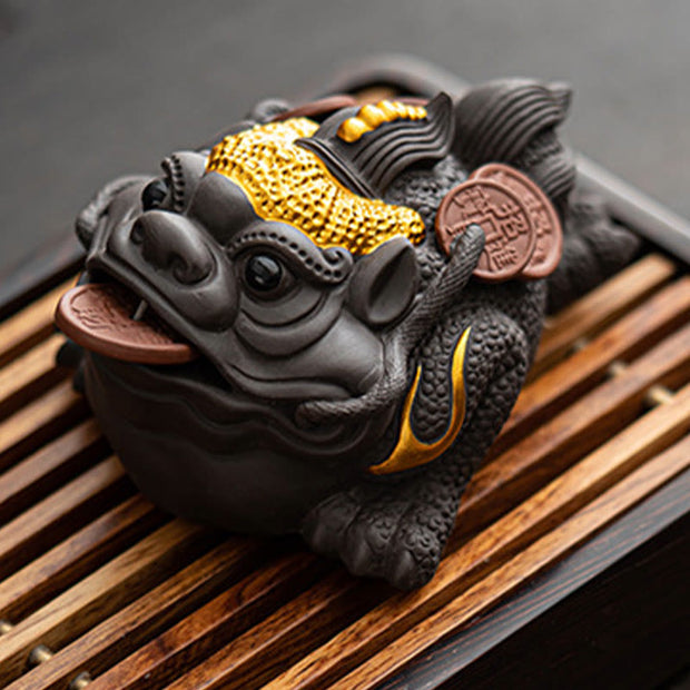 Buddha Stones Feng Shui Frog Toad Copper Coins Ceramic Purple Clay Wealth Home Tea Pet Figurine Decoration Decorations BS 4