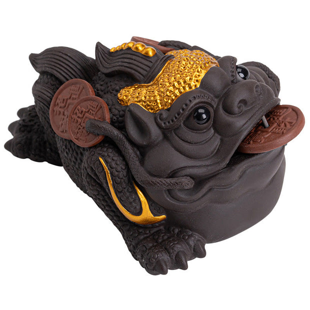 Buddha Stones Feng Shui Frog Toad Copper Coins Ceramic Purple Clay Wealth Home Tea Pet Figurine Decoration Decorations BS 10