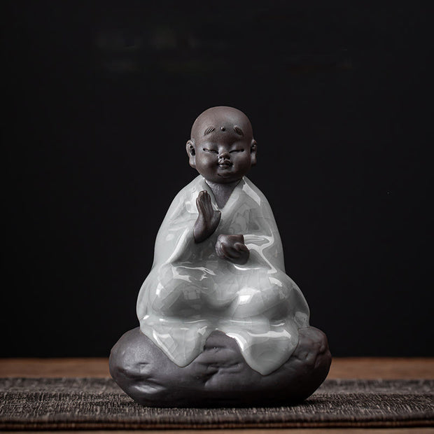 Buddha Stones Little Zen Monk Hat Strainer Ceramic Tea Accessories Figurine Home Decoration Decorations BS Crack Pattern Monk 9*12.2cm