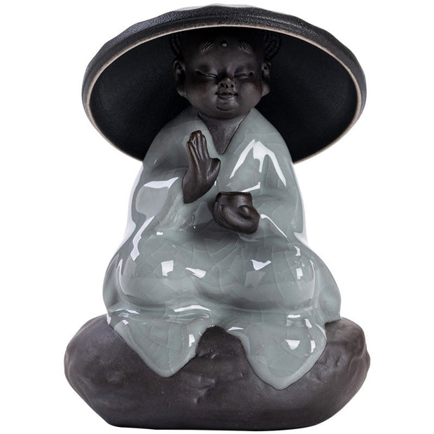 Buddha Stones Little Zen Monk Hat Strainer Ceramic Tea Accessories Figurine Home Decoration