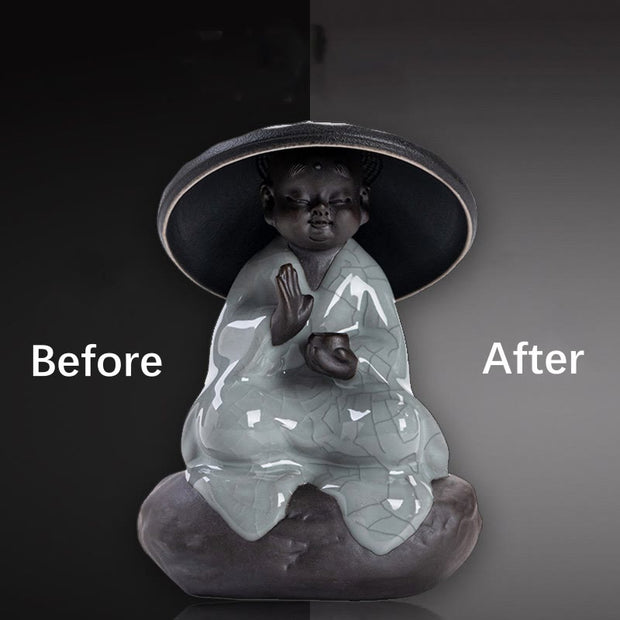 Buddha Stones Little Zen Monk Hat Strainer Ceramic Tea Accessories Figurine Home Decoration